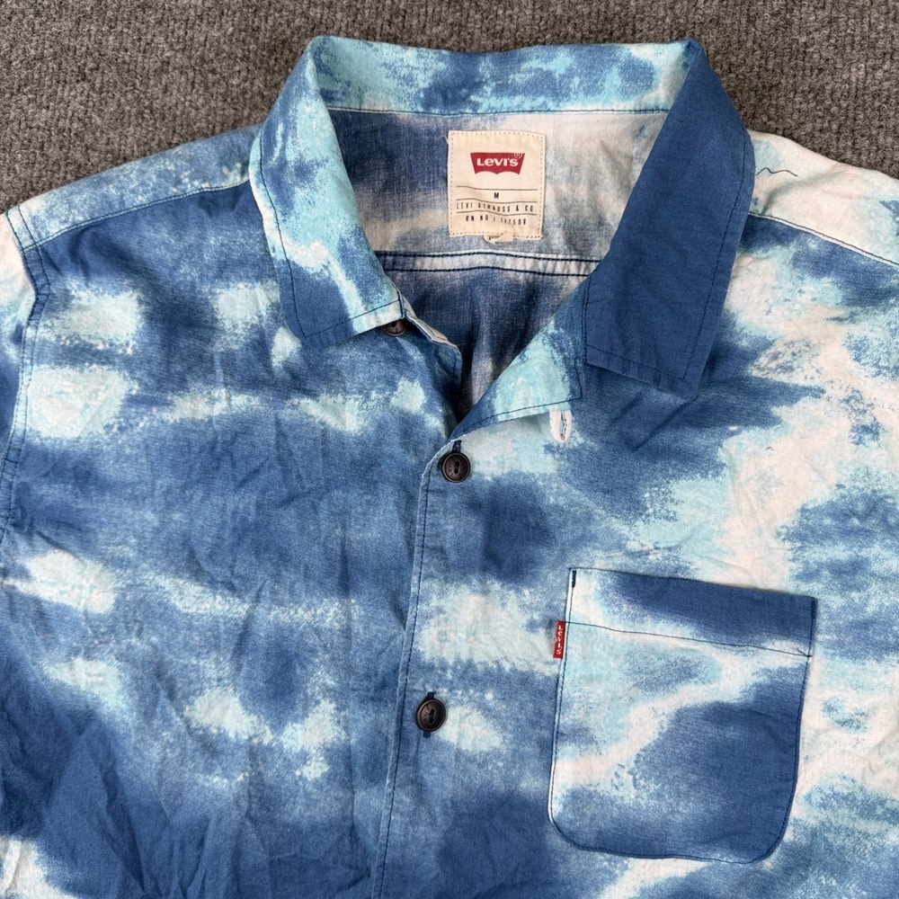 Levis Shirt Mens M Blue White Tie Dye Camp Loop Collar Button Up Resort